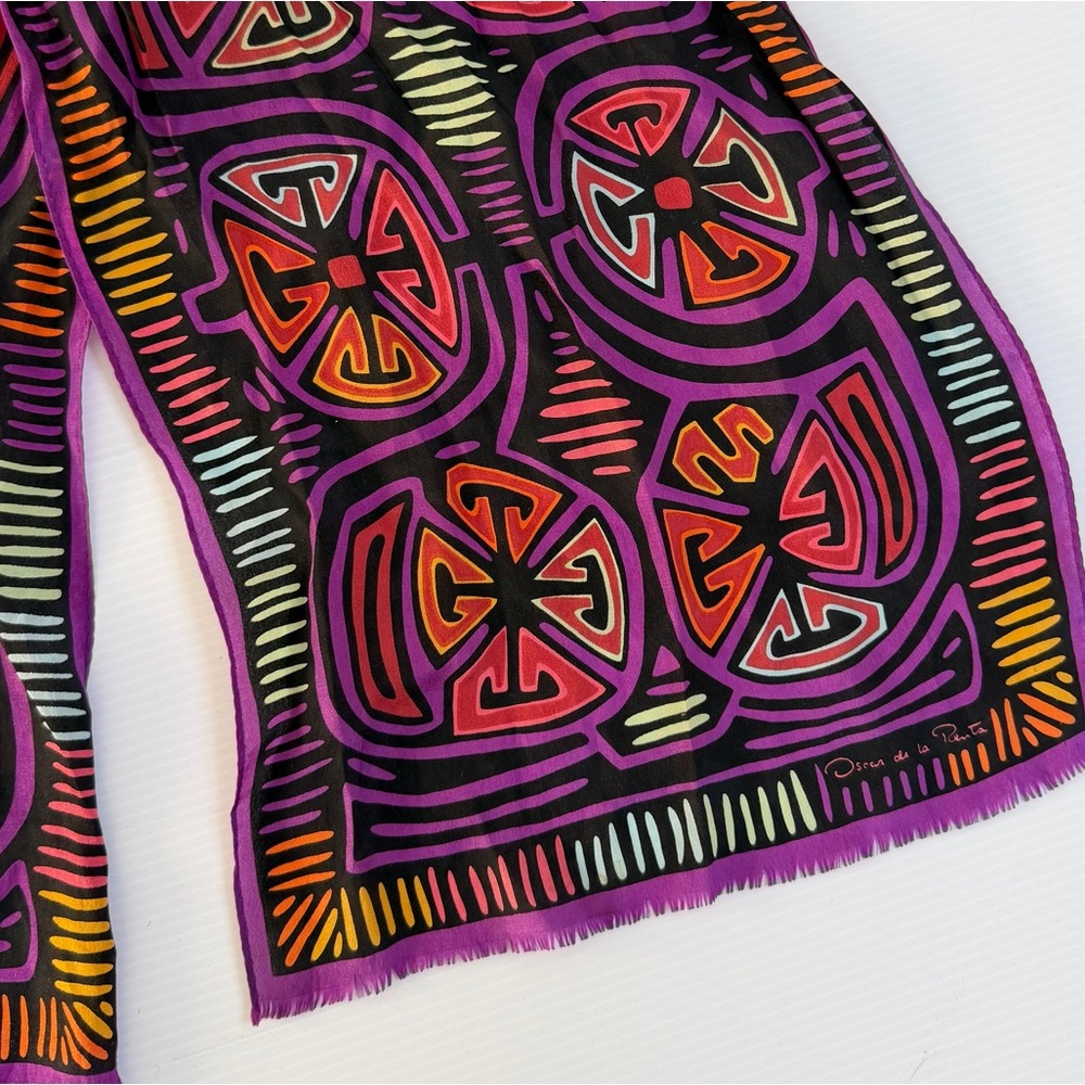 Vintage Oscar De La Renta Colorful Geometric Patterned Silk Scarf